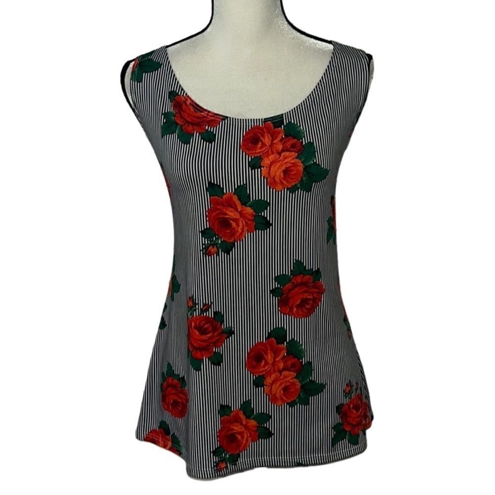 Ashley Stewart Floral & Stripe Pattern Sleeveless Blouse